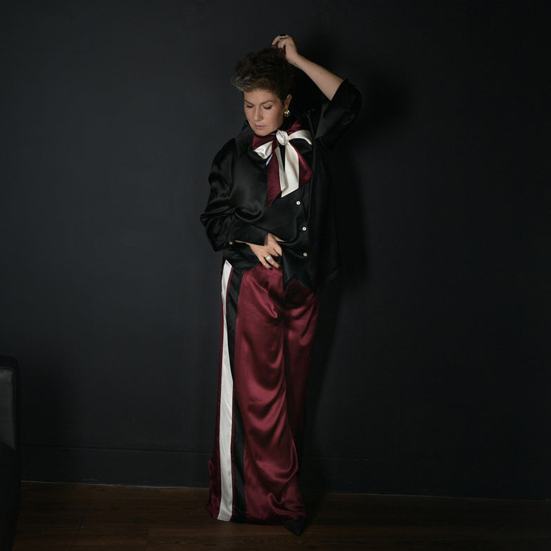 Silk Stripe Trousers | Milan - Aubergine/Cream/Black Stripe