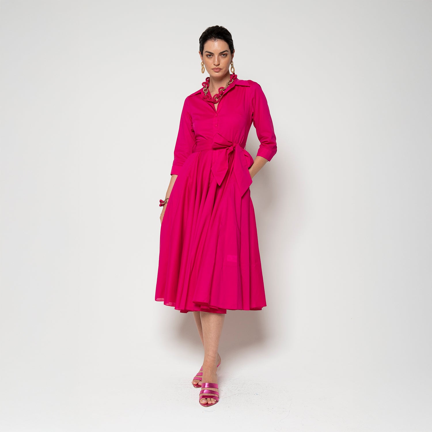 Spritz Button Thru Shirt Dress - Fushia