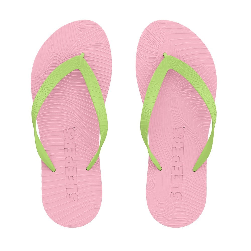Slim Wide Strap Flip Flops - Pink/Green