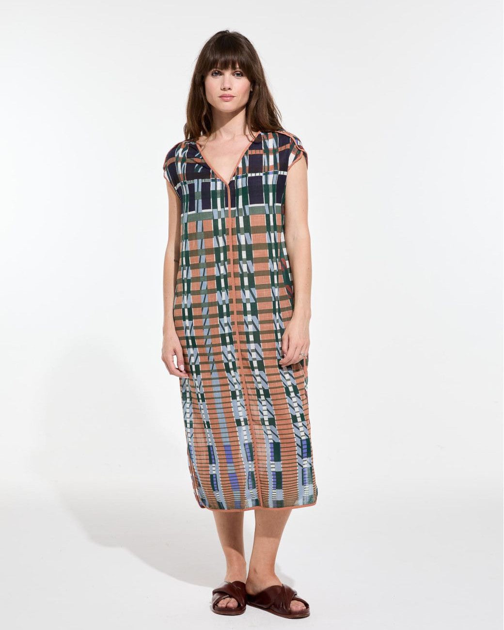 Check Button Dress - Rust