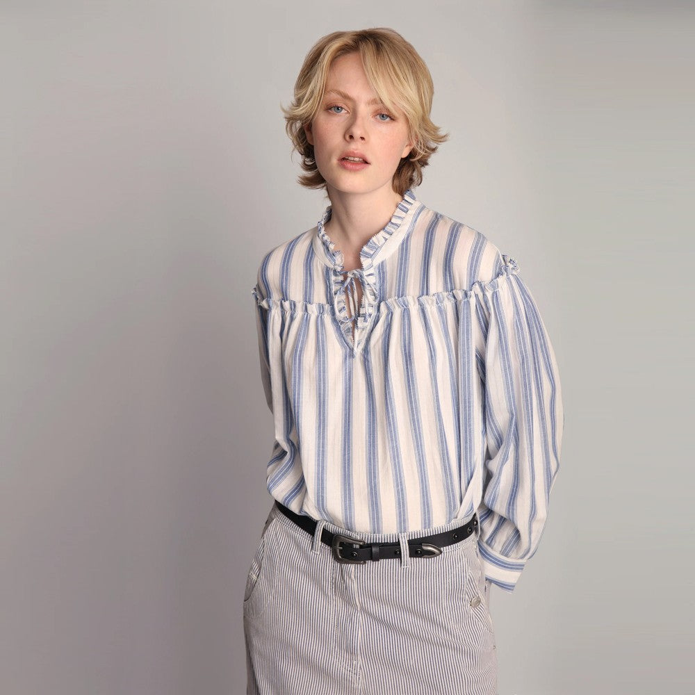 Lorren Tie Neck Stripe Blouse - Blue/White