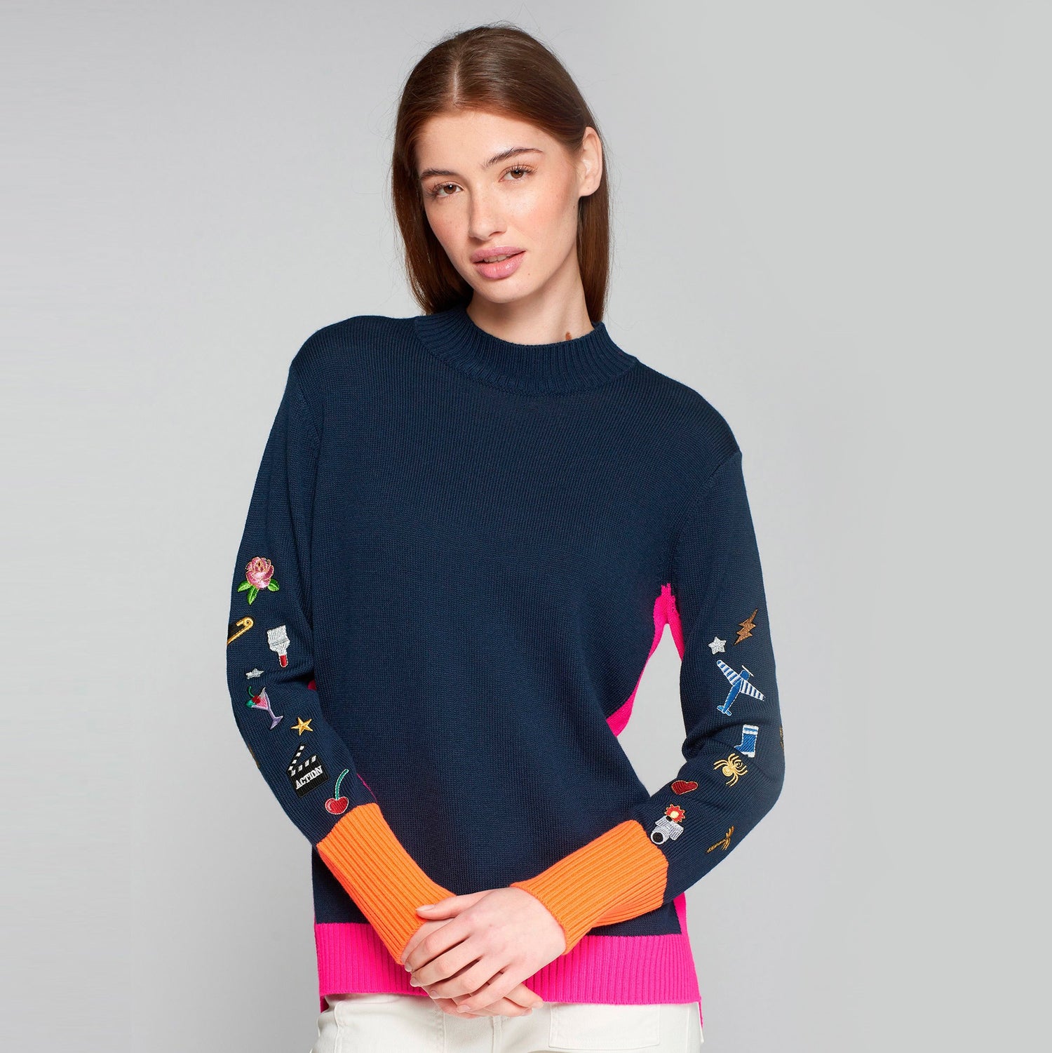 Embroidered Sleeve Jumper - Navy / Fuschia