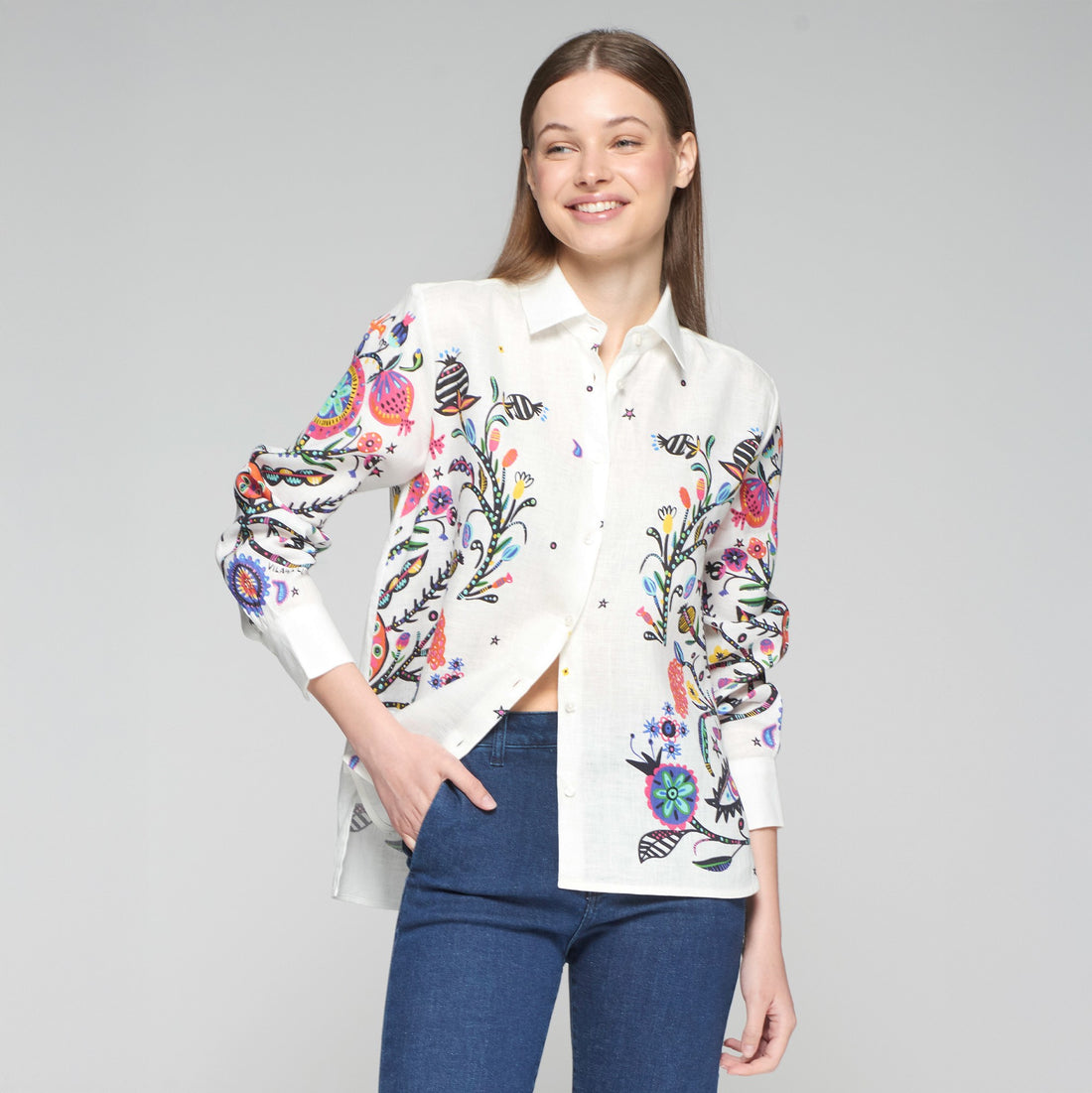 Issa Linen Multi Print Shirt - White Multi