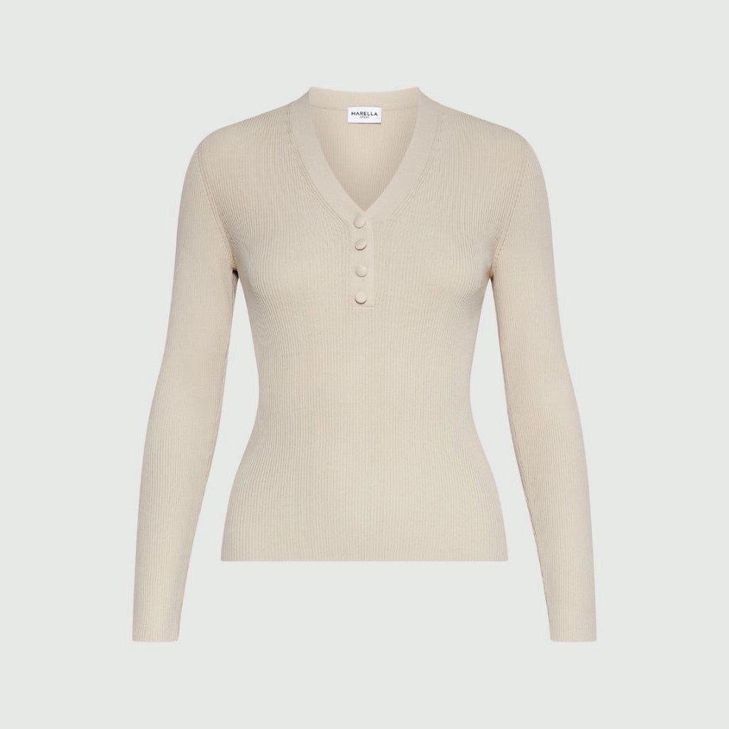 Imola Fine Rib V Neck Top - Sand