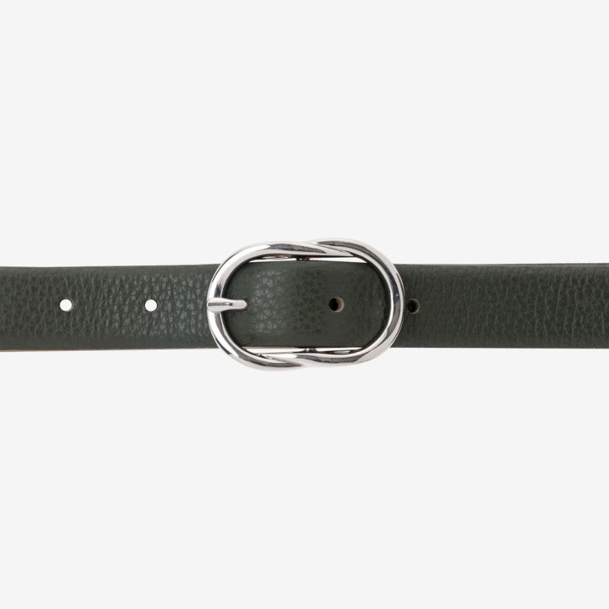 Textured Leather Skinny Belt - Dark Green