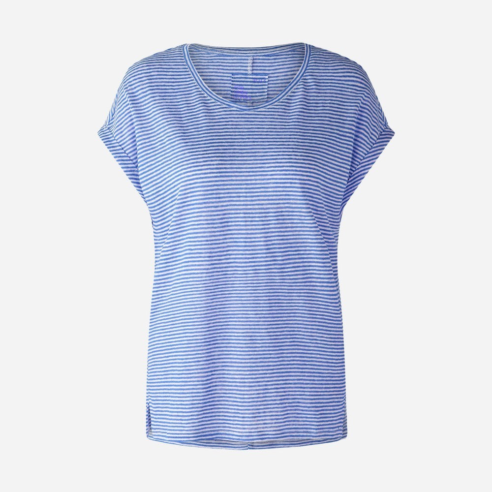 Cap Sleeve Linen T Shirt - Off White/Blue