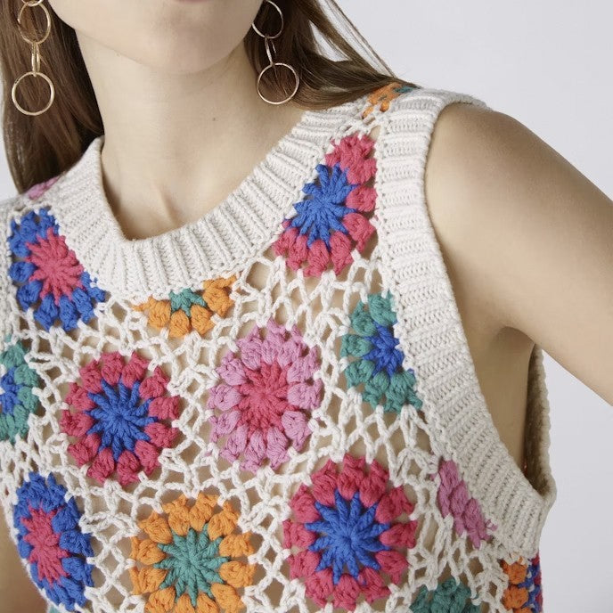 Floral Crochet Pullover - White/Red