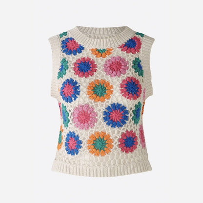 Floral Crochet Pullover - White/Red