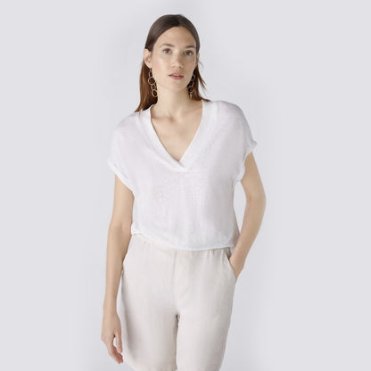 Cap Sleeve V Neck Linen T Shirt - Optic White