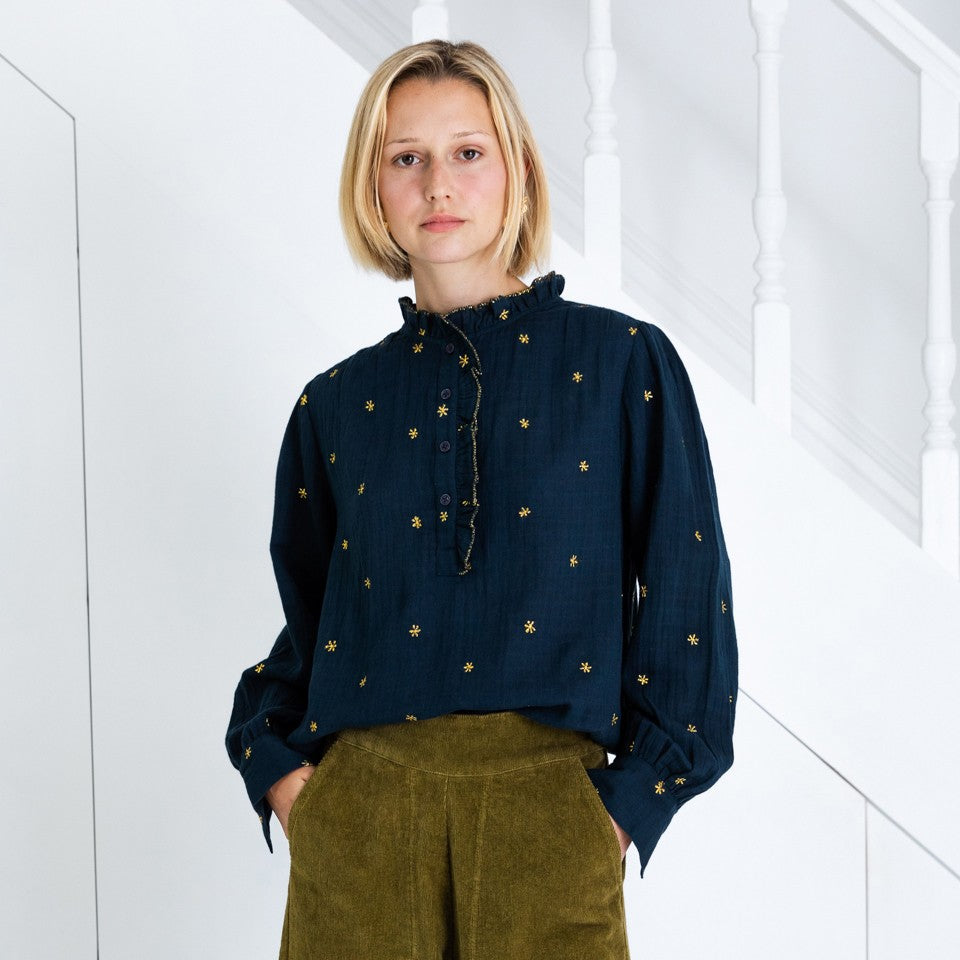 Anais Frill Placket Blouse - Midnight