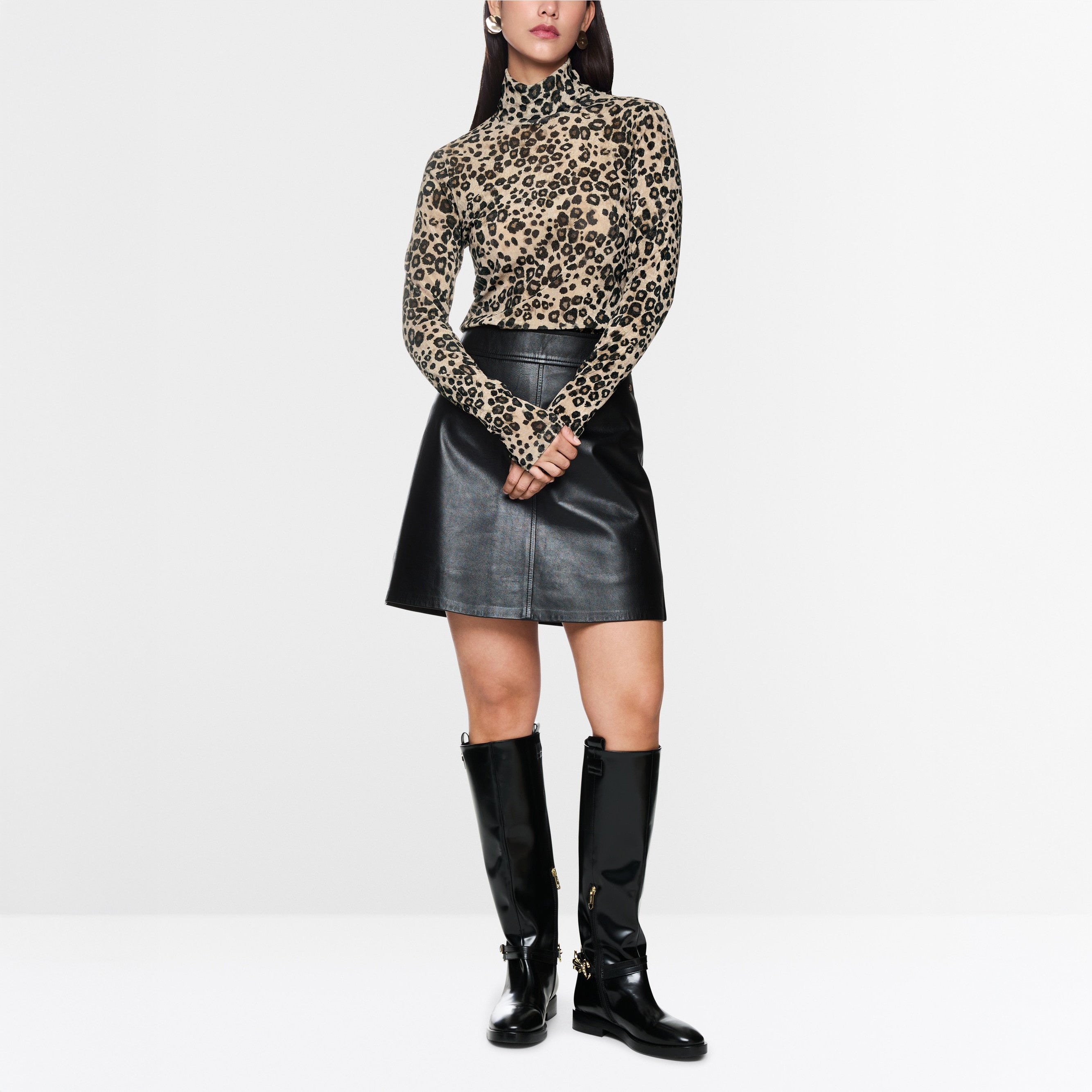 Animal Print Polo Layer Top - Soft Cappuccino
