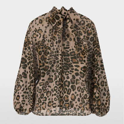 Animal Print Tie Neck Blouse - Soft Cappuccino