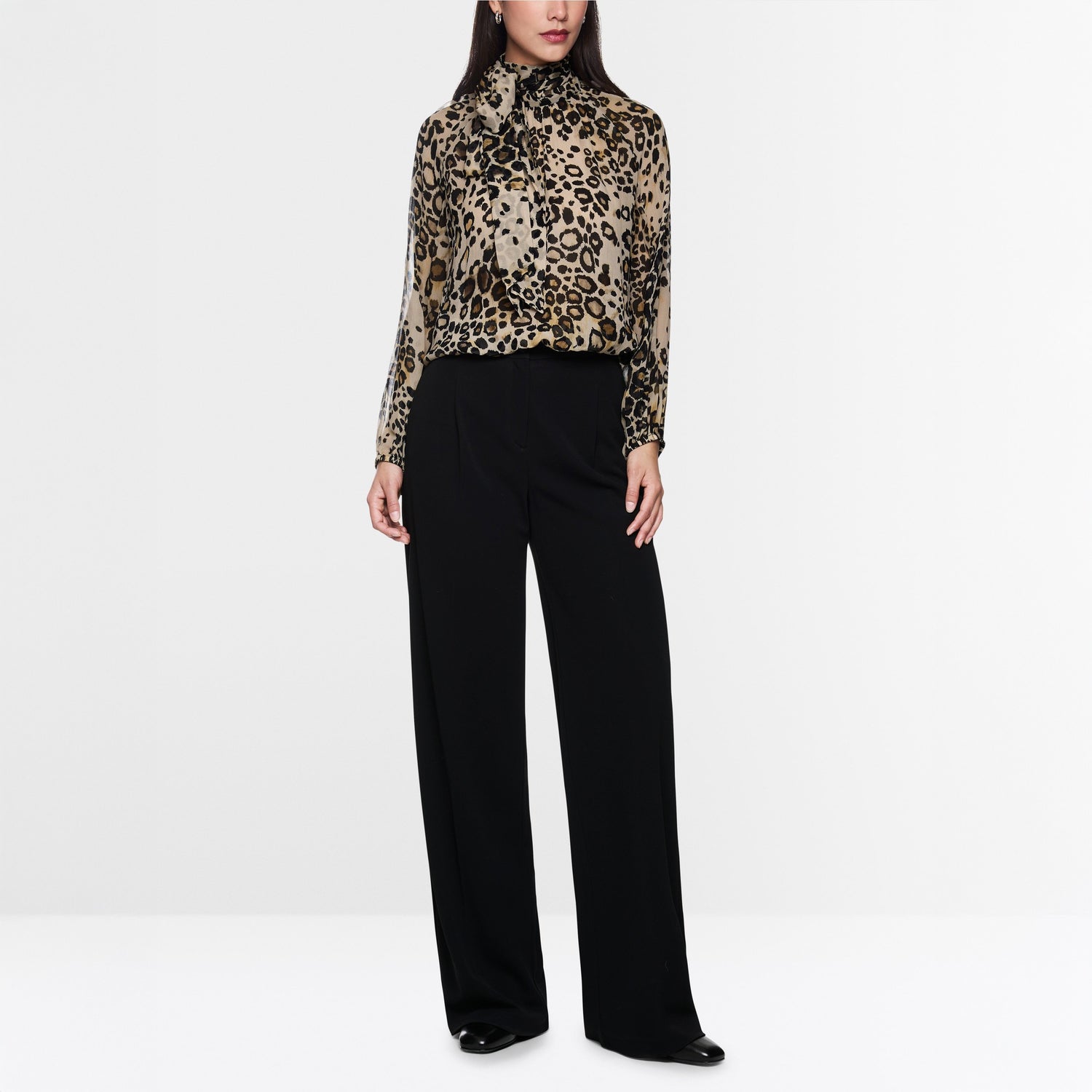 Animal Print Tie Neck Blouse - Soft Cappuccino
