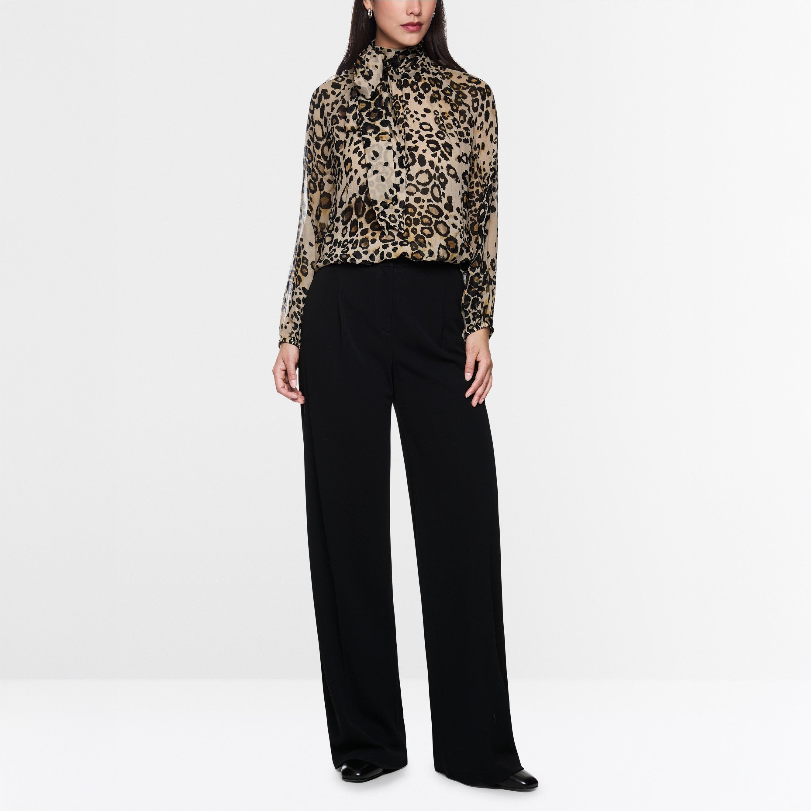 Animal Print Tie Neck Blouse - Soft Cappuccino