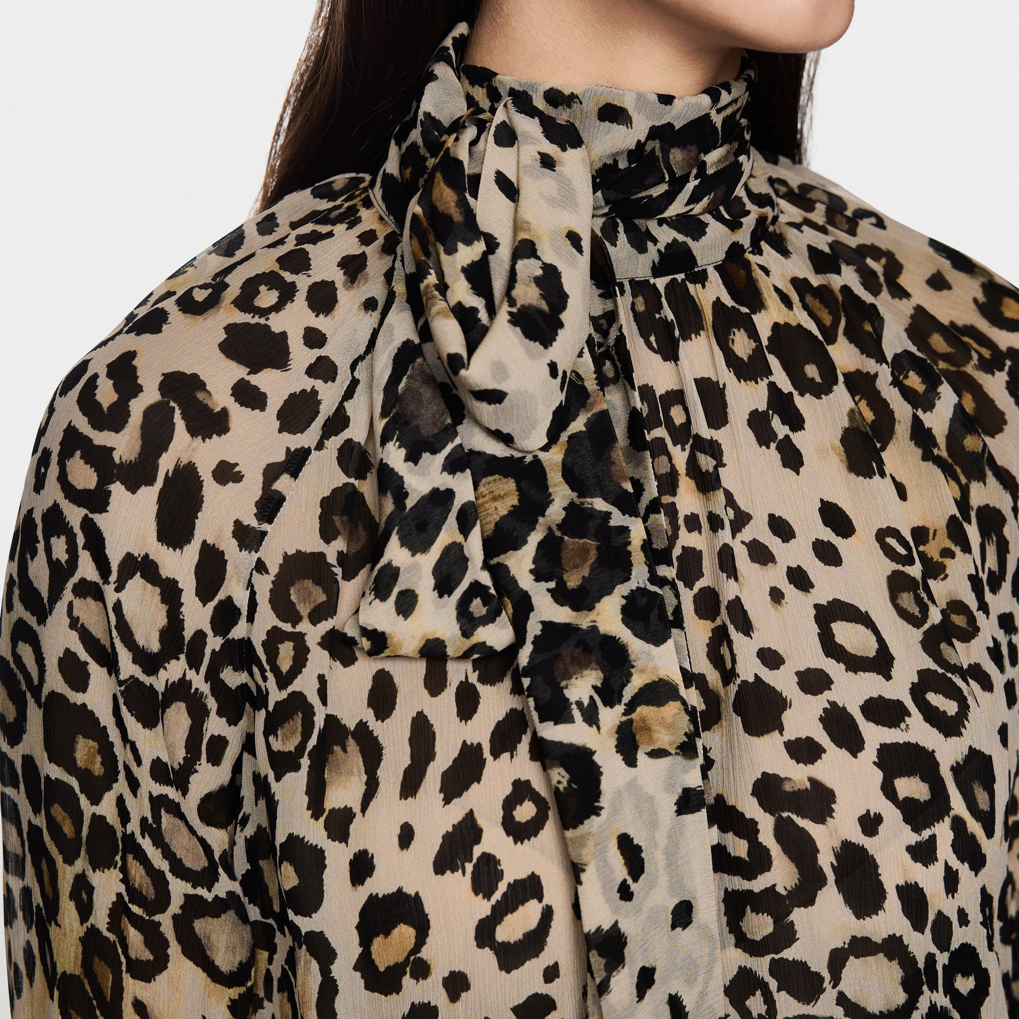 Animal Print Tie Neck Blouse - Soft Cappuccino