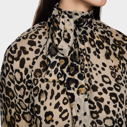Animal Print Tie Neck Blouse - Soft Cappuccino