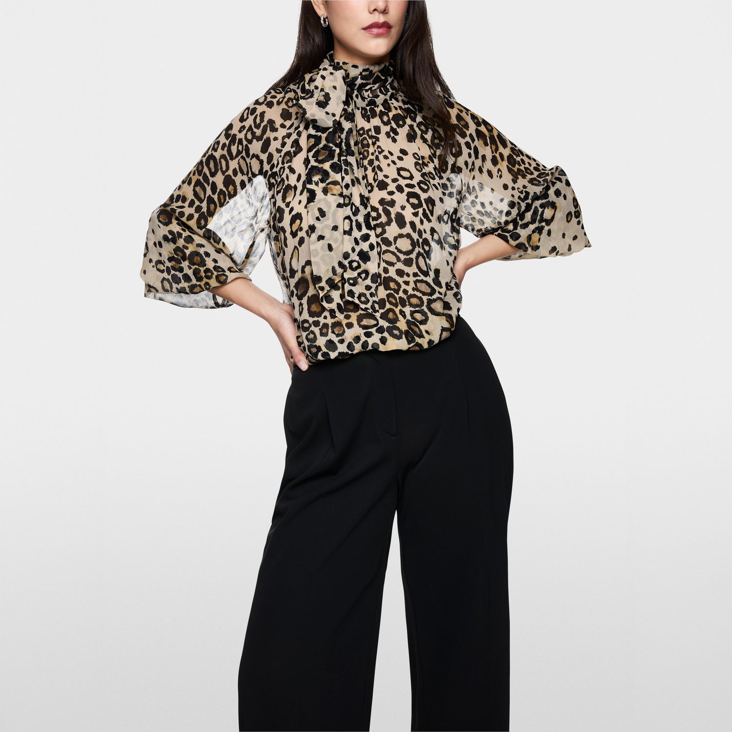 Animal Print Tie Neck Blouse - Soft Cappuccino