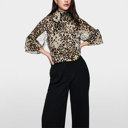 Animal Print Tie Neck Blouse - Soft Cappuccino