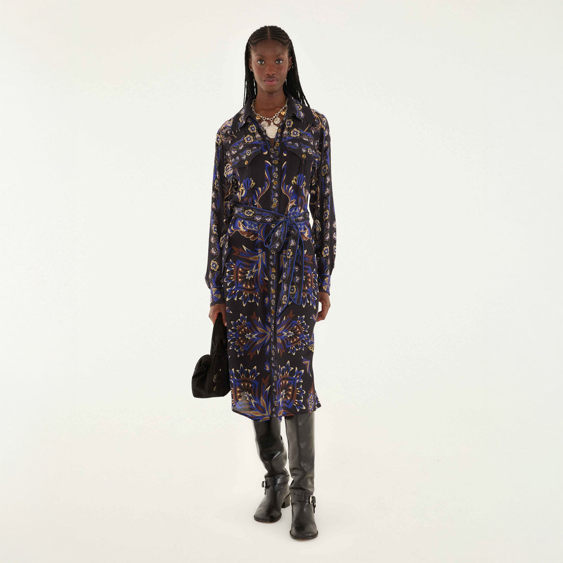 Arabesque Mix Scarves Midi Dress - Arabesque Mix Scarves Black