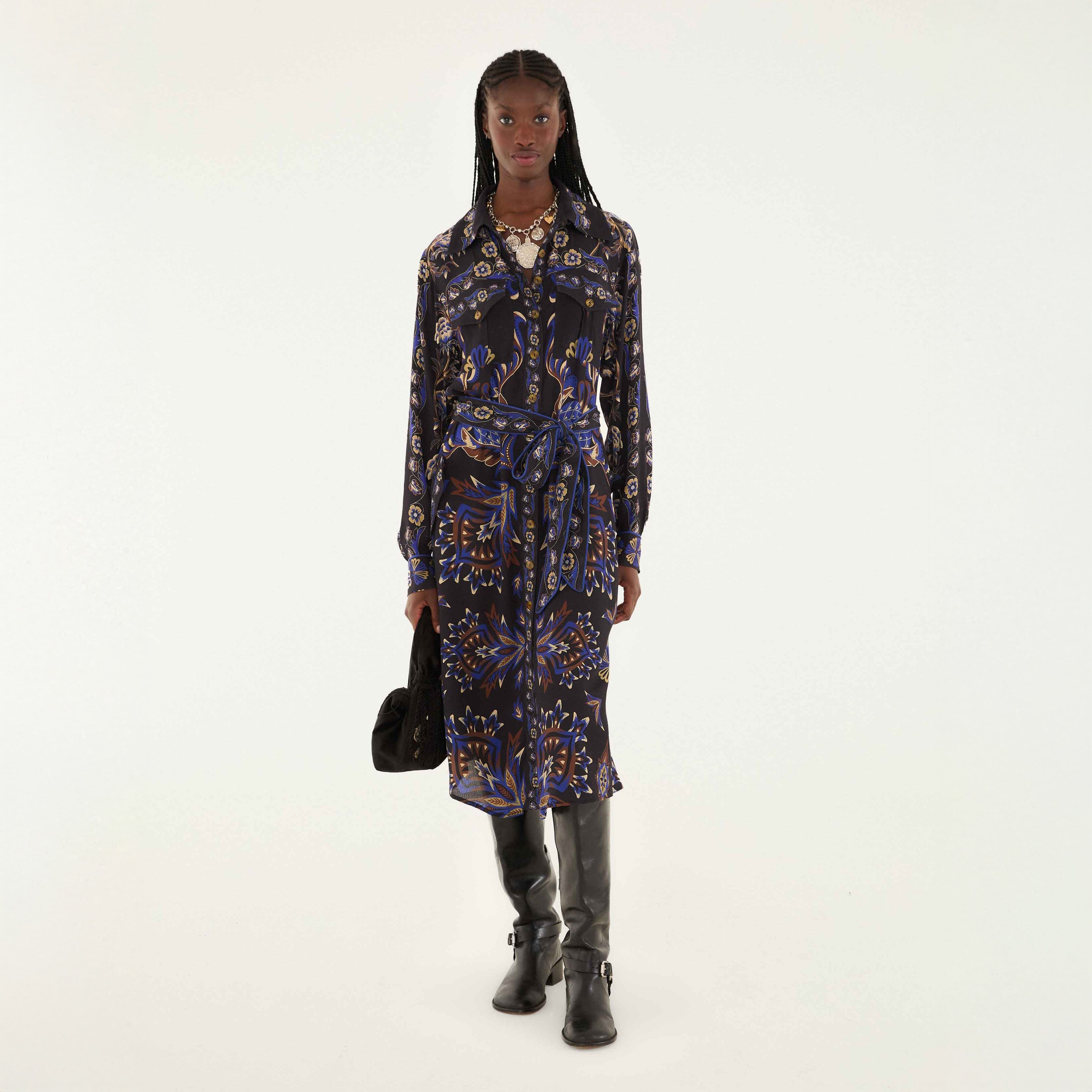 Arabesque Mix Scarves Midi Dress - Arabesque Mix Scarves Black