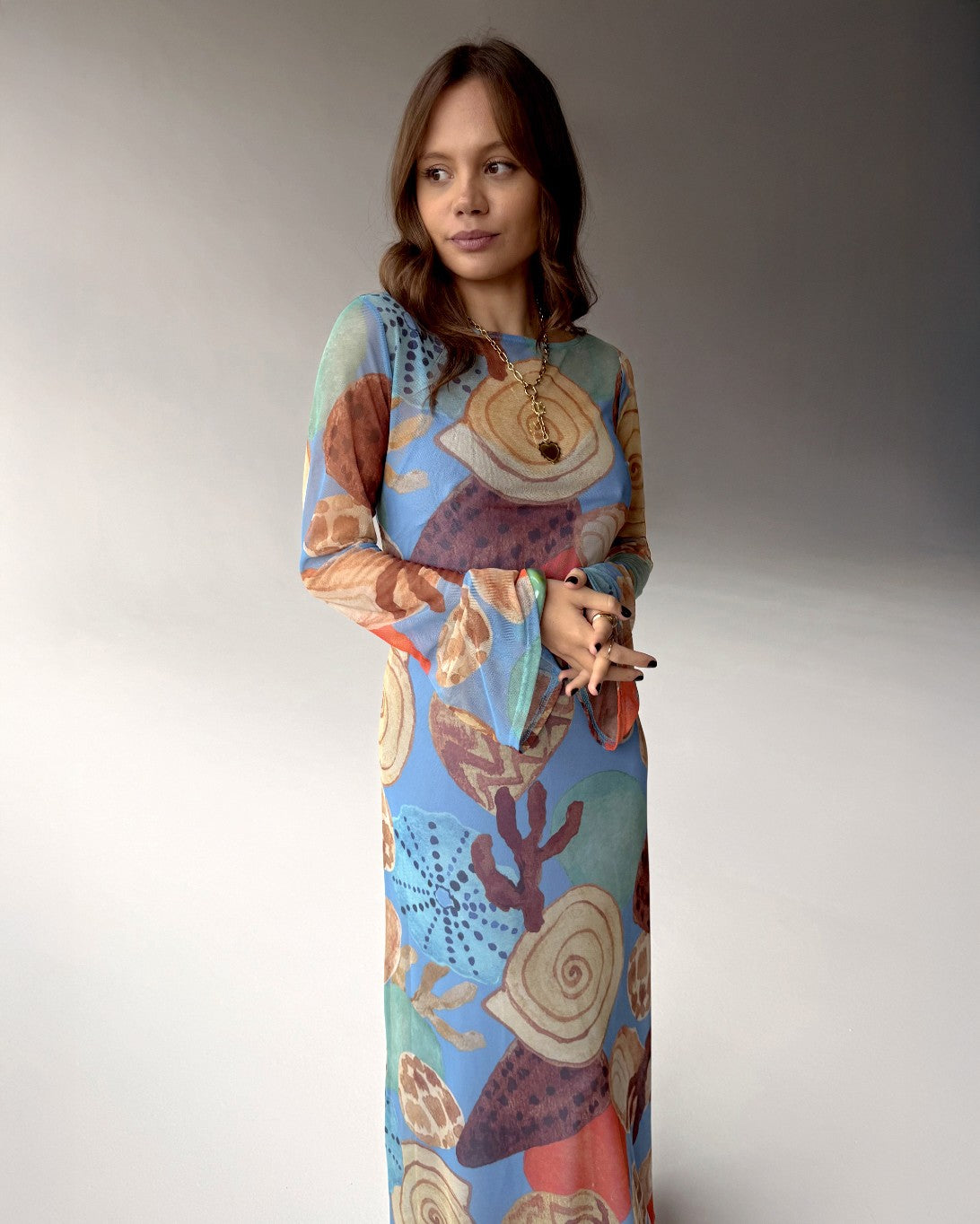 Aria Blue Mesh Dress In Shell Print - Multi