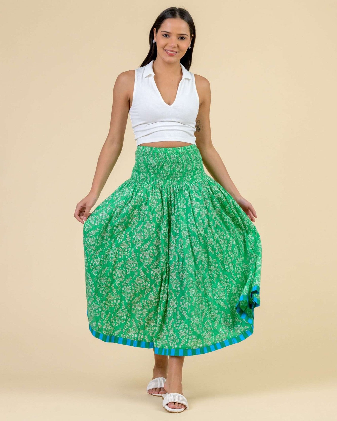 Arista Stretch Waist Skirt - Busy Floral Green
