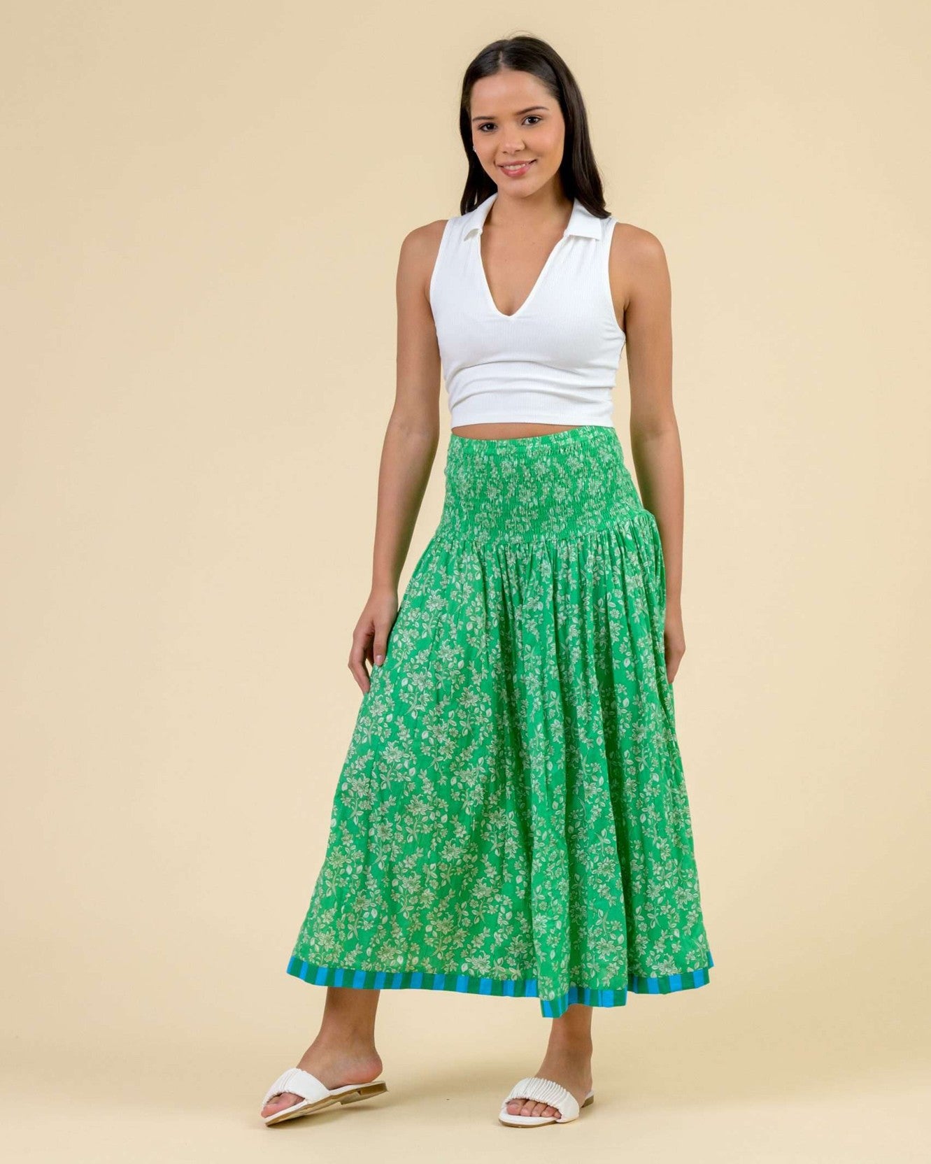 Arista Stretch Waist Skirt - Busy Floral Green