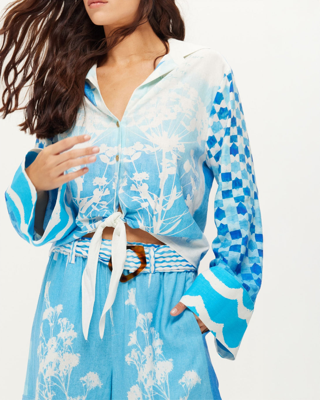 Ayla Tie Front Shirt - Indigo Garden