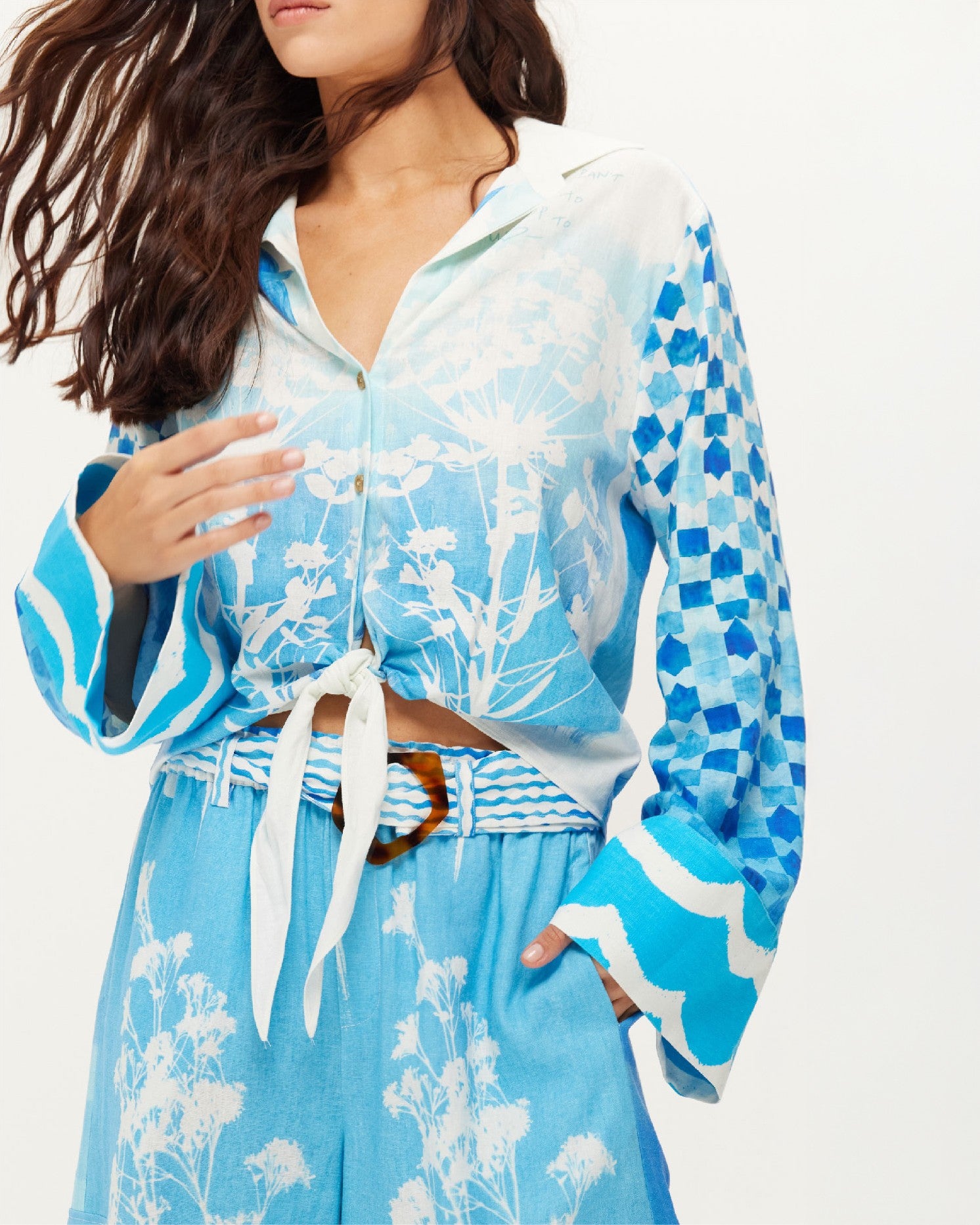 Ayla Tie Front Shirt - Indigo Garden