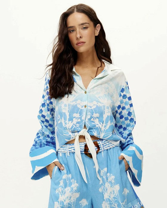 Ayla Tie Front Shirt - Indigo Garden