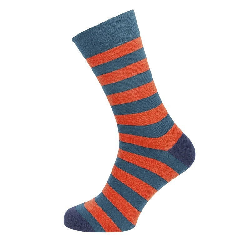Two Tone Stripe Socks - Denim/Orange/Dark Denim
