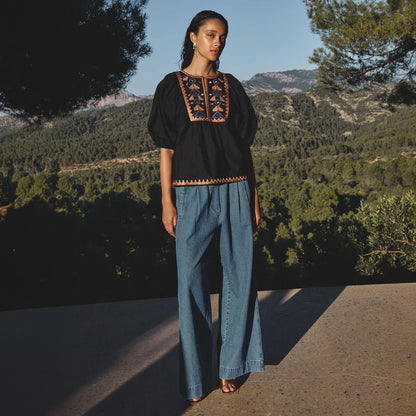 Gabie Embroidery Blouse - Jet Black