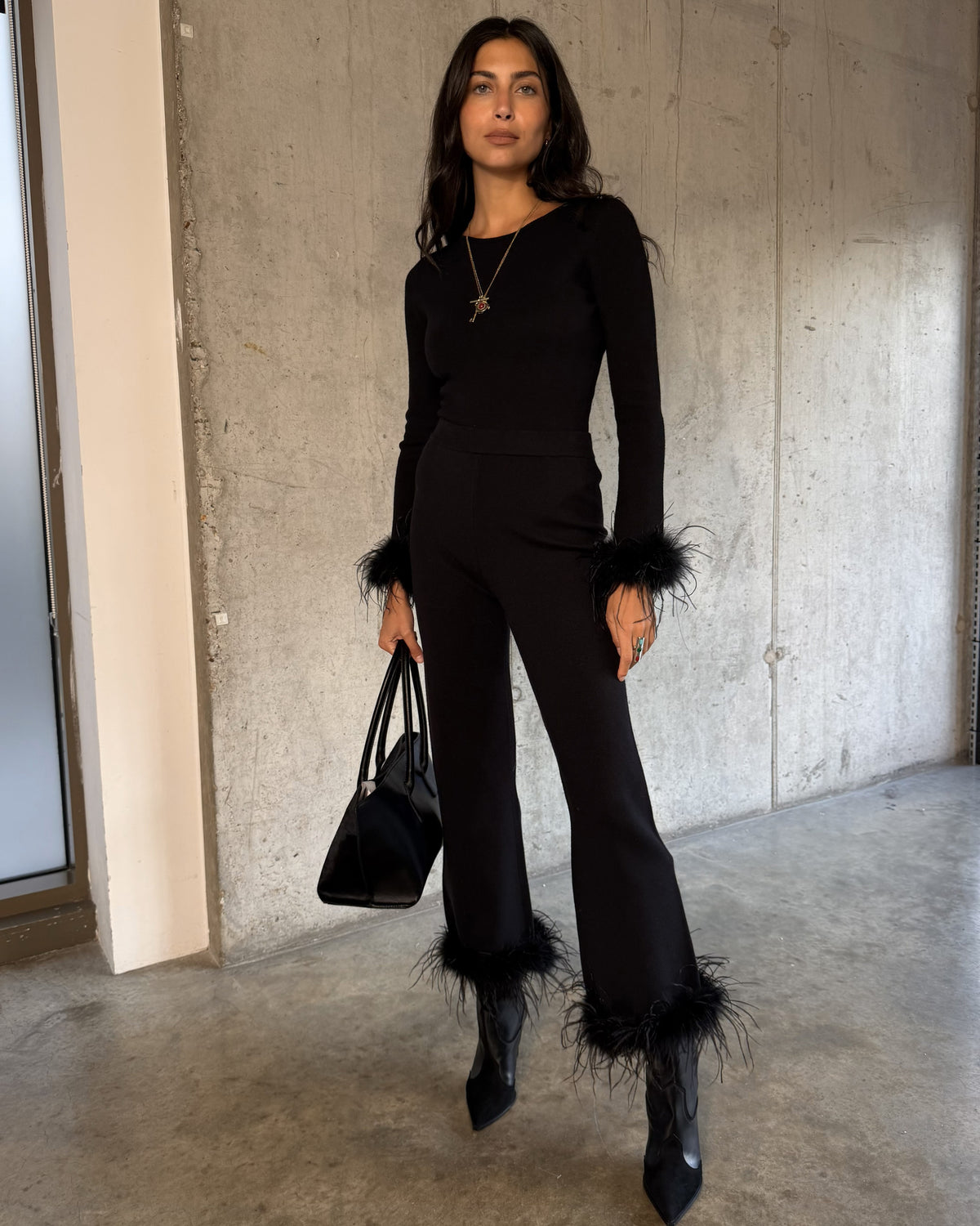 Feather Wide Leg Trousers - Black