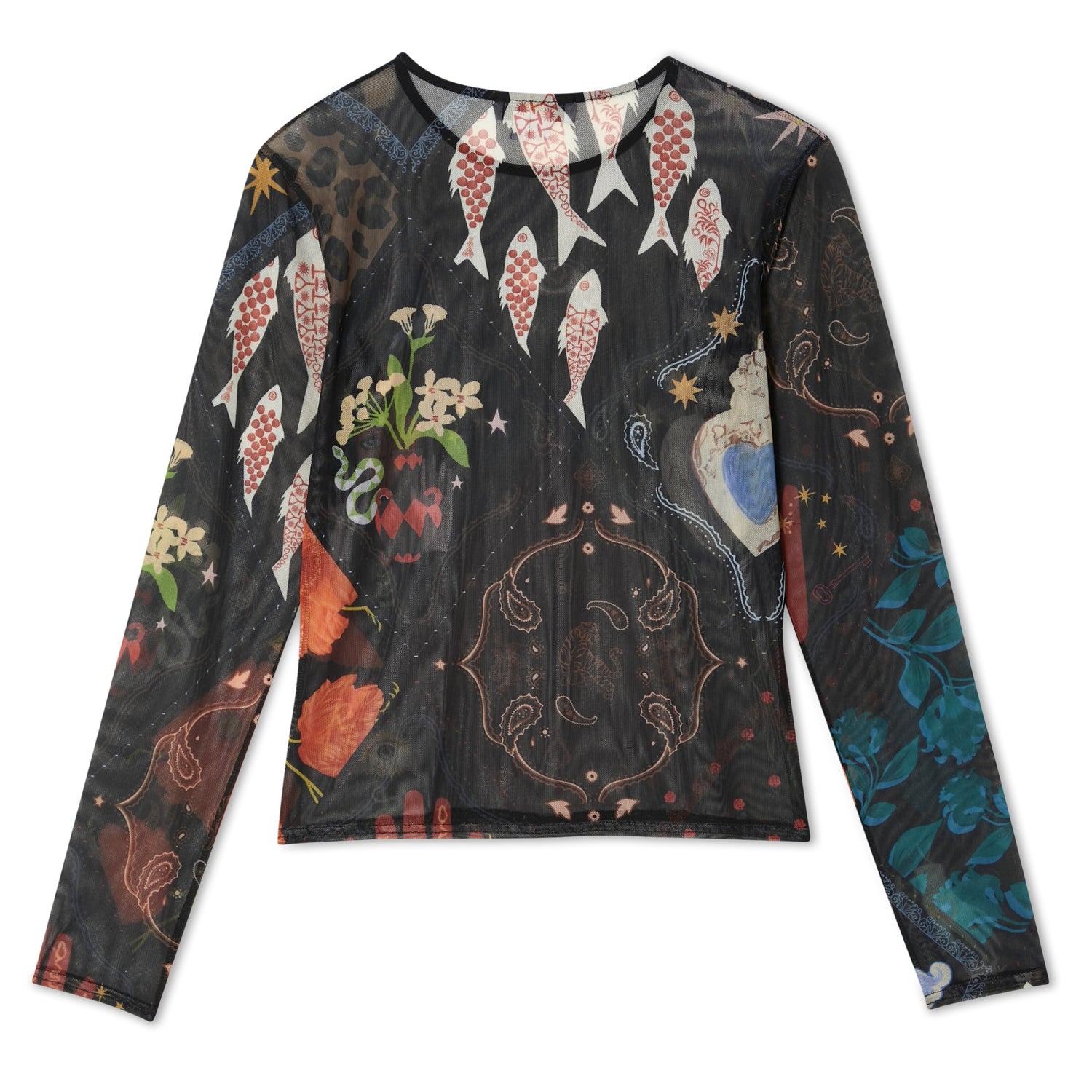 Night Garden Mesh Long Sleeve Top - Black