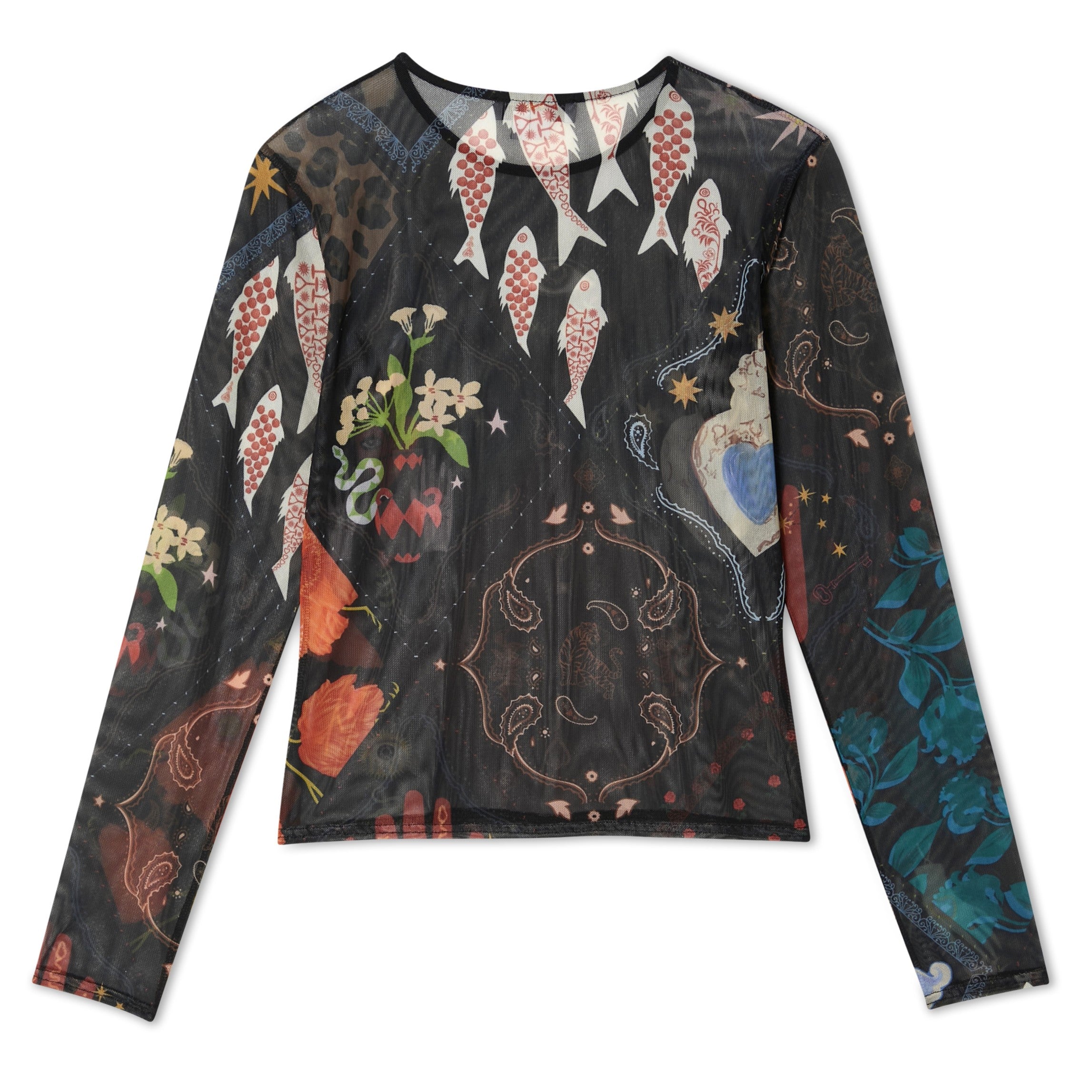 Night Garden Mesh Long Sleeve Top - Black