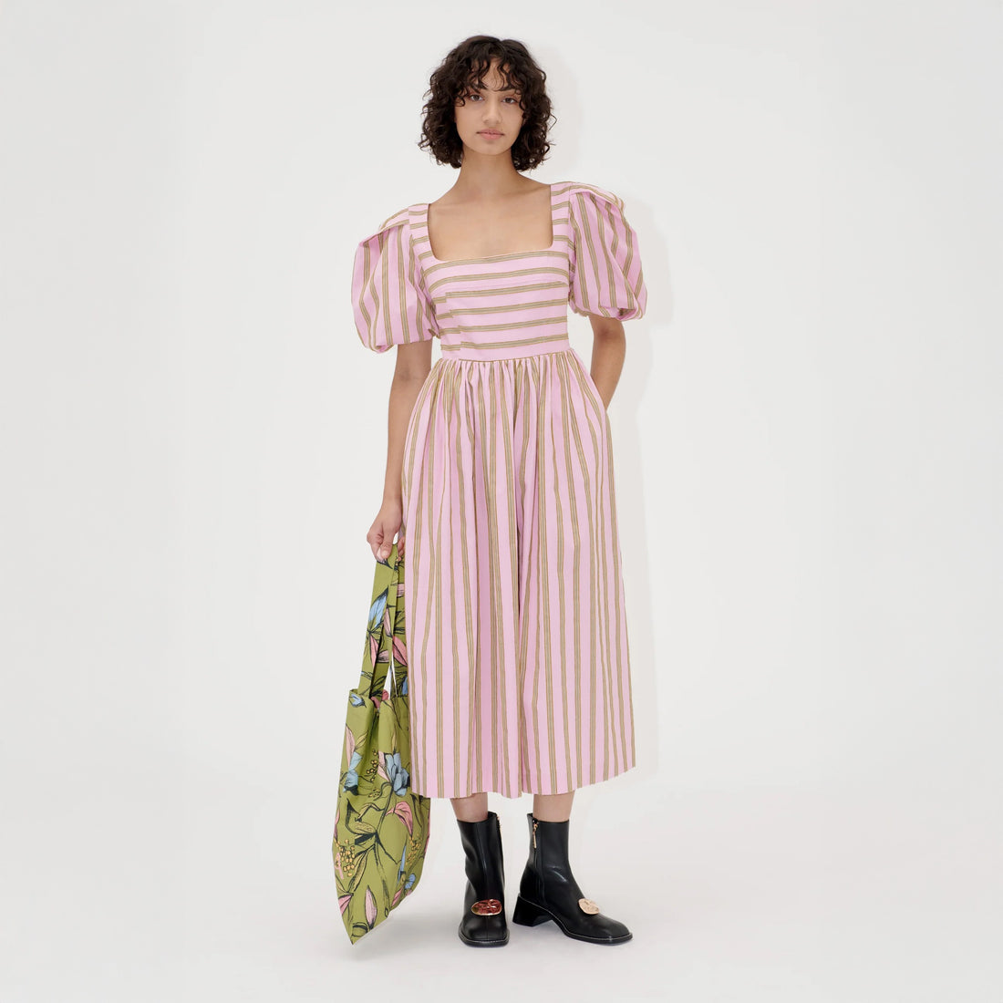 Blouson Sleeve Midi Dress - Wallpaper Stripes