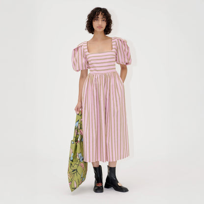 Blouson Sleeve Midi Dress - Wallpaper Stripes