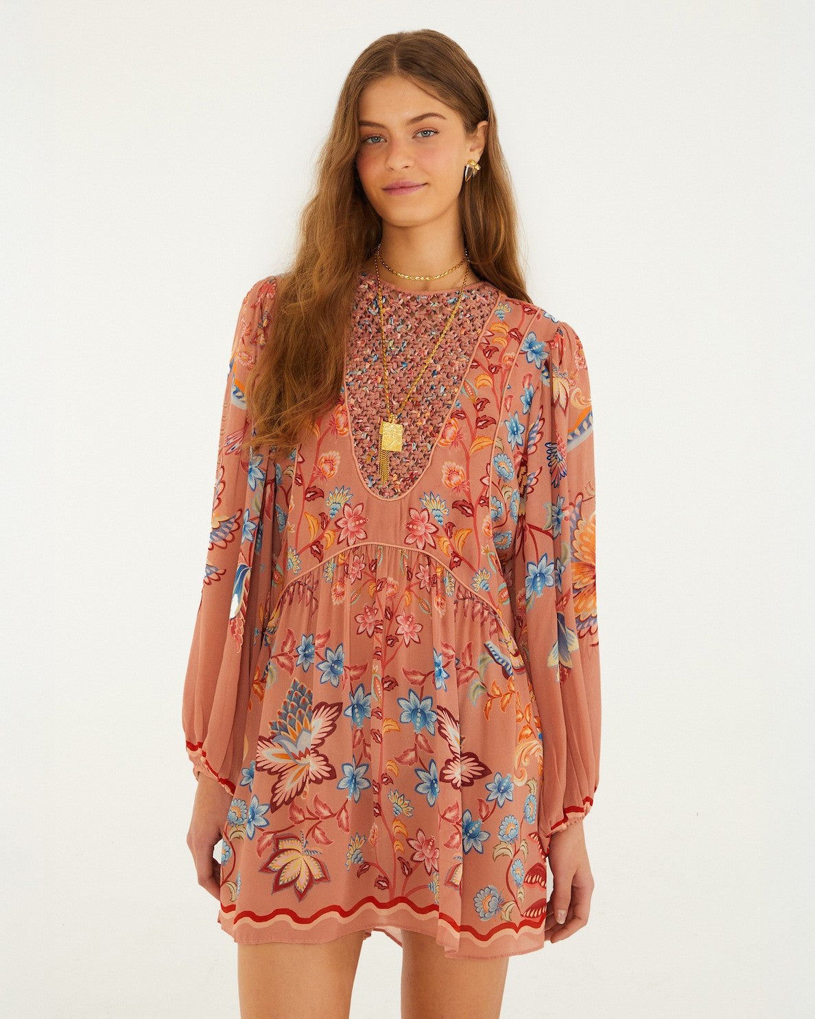 Lace Long Sleeve Mini Dress - Boho Enchance Mocha