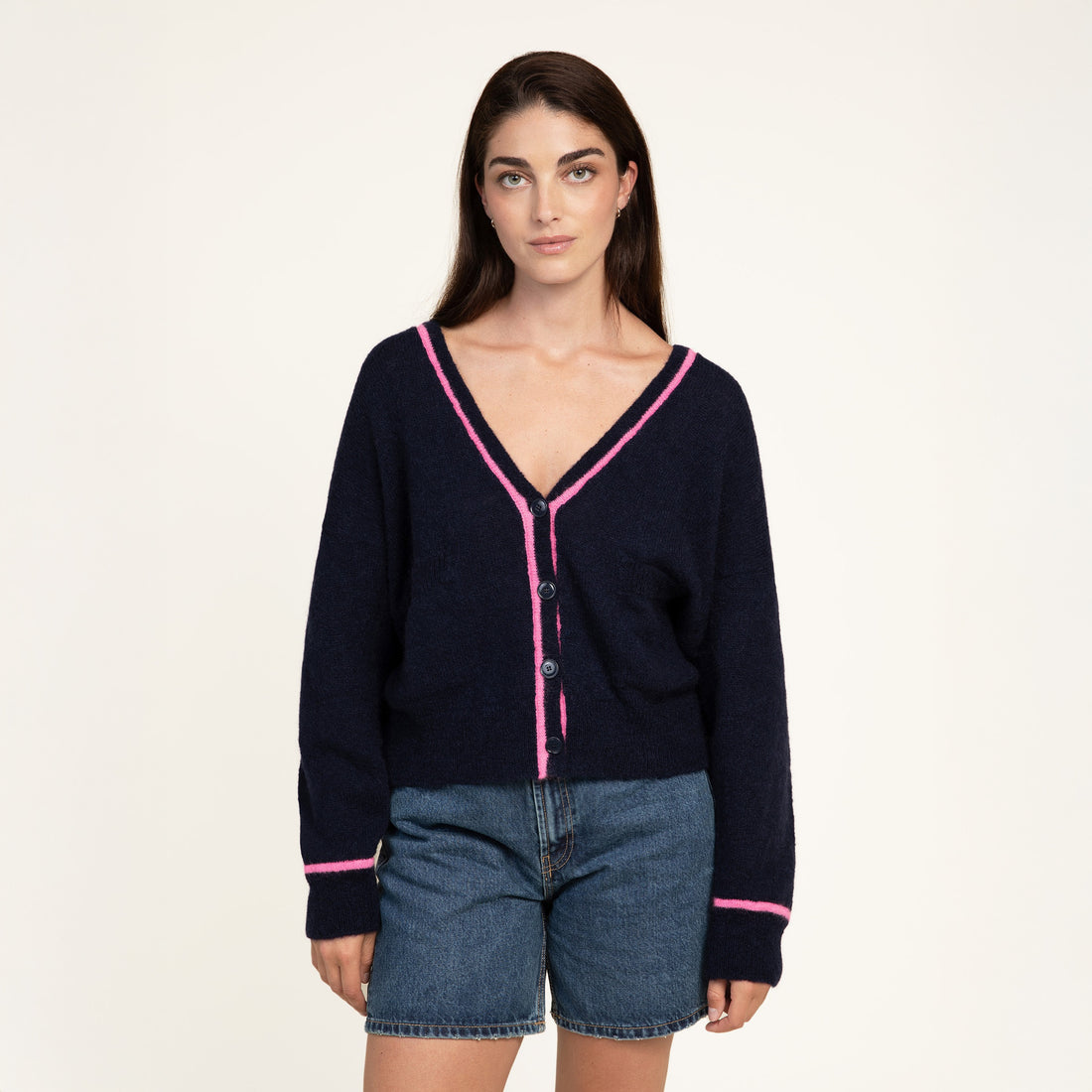 Briele Contrast Tipping Cardi - Night/Rose Fluo