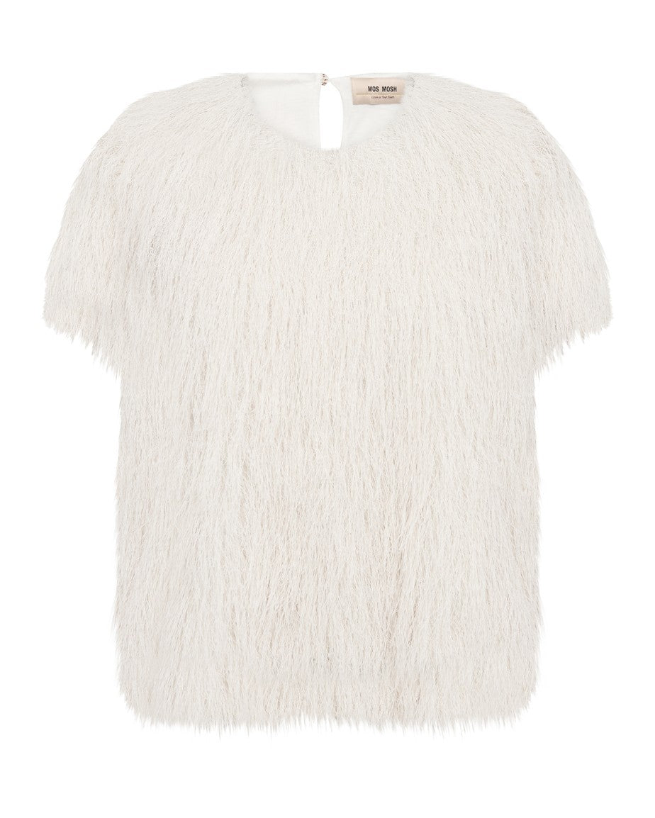 Brim O-Neck Short Sleeve Faux Fur Tee - Ecru
