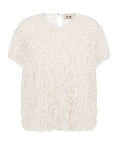 Brim O-Neck Short Sleeve Faux Fur Tee - Ecru