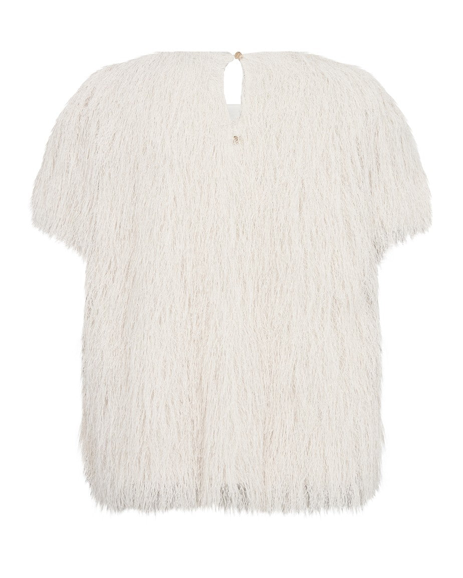 Brim O-Neck Short Sleeve Faux Fur Tee - Ecru