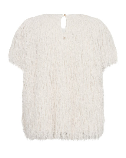 Brim O-Neck Short Sleeve Faux Fur Tee - Ecru