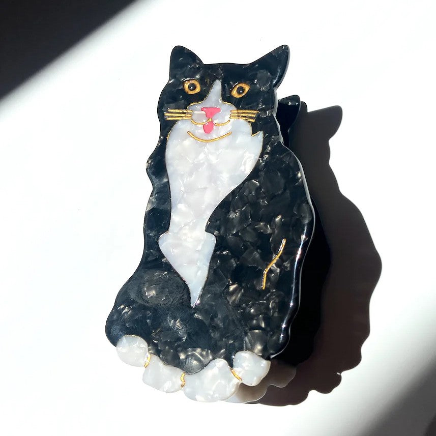 Hand-Painted Tuxedo Cat Claw Hair Clip- - Black &amp; White