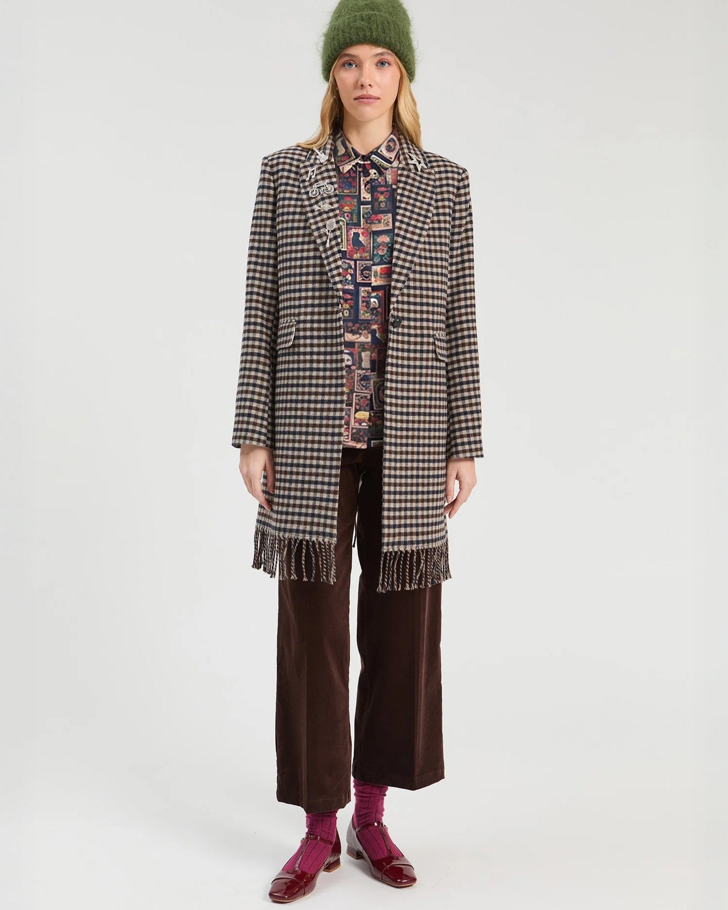 Checked Fringed Coat - Navy Check