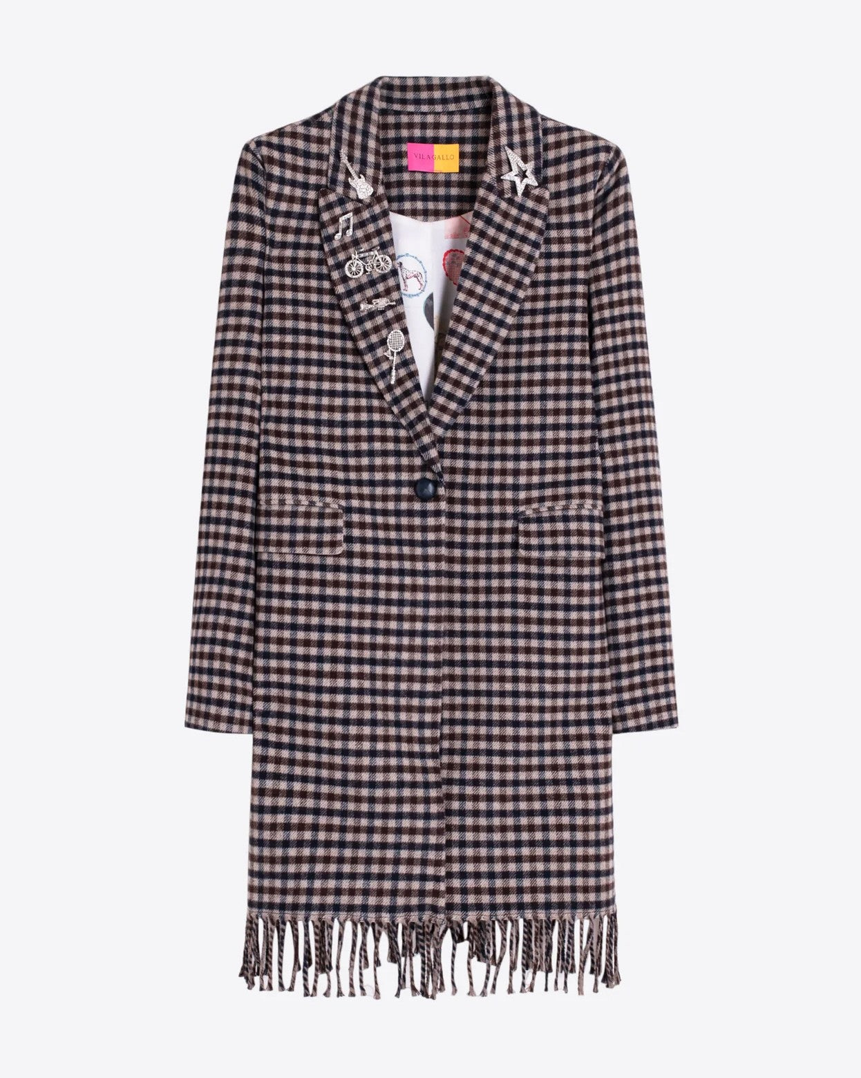 Checked Fringed Coat - Navy Check