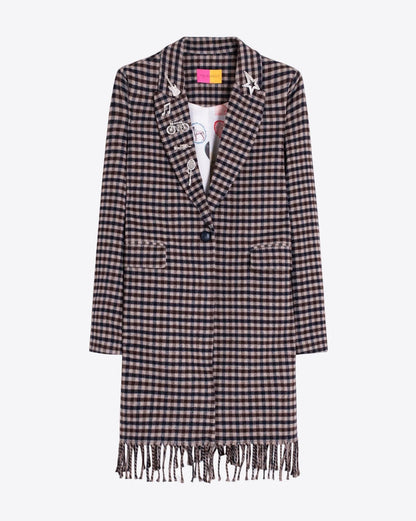 Checked Fringed Coat - Navy Check