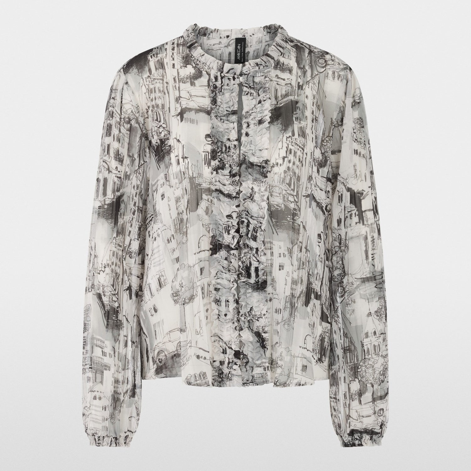 City Art Print Ruffle Blouse - Smoke
