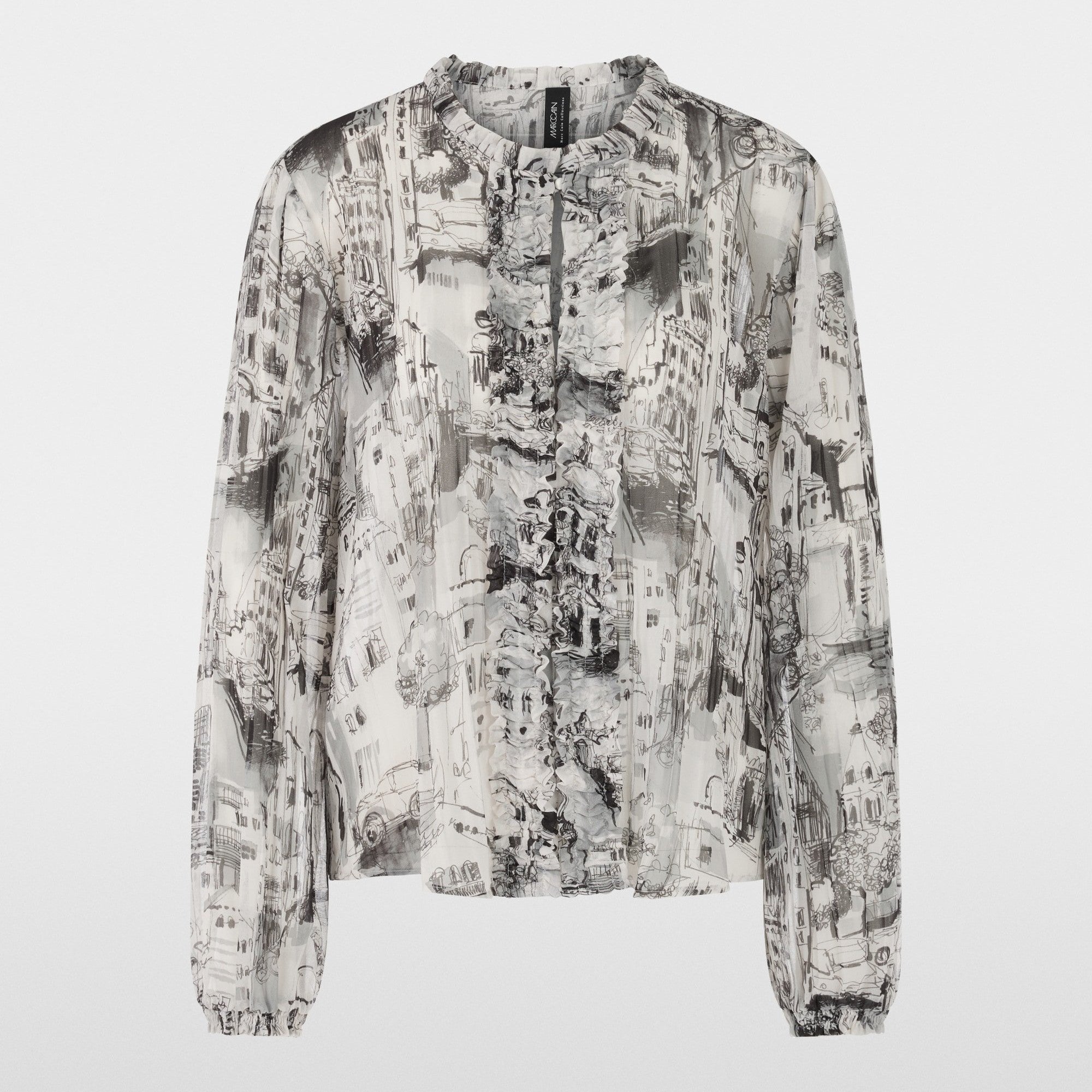 City Art Print Ruffle Blouse - Smoke