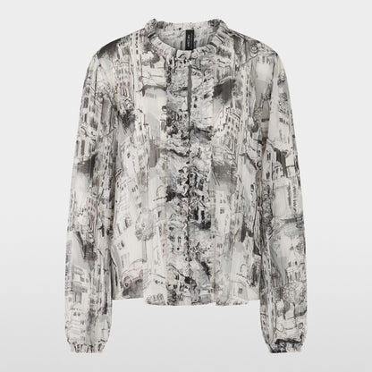 City Art Print Ruffle Blouse - Smoke